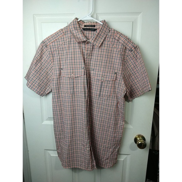 Sean John Orange Black Plaid Collared Button Short Sleeve Shirt. Size M - Picture 1 of 11